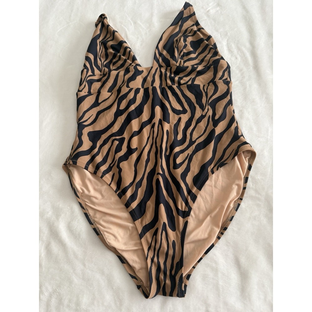 J.Crew Womens Size 14 Zebra Print‎ One Piece Swimsuit Brown Black V Neck